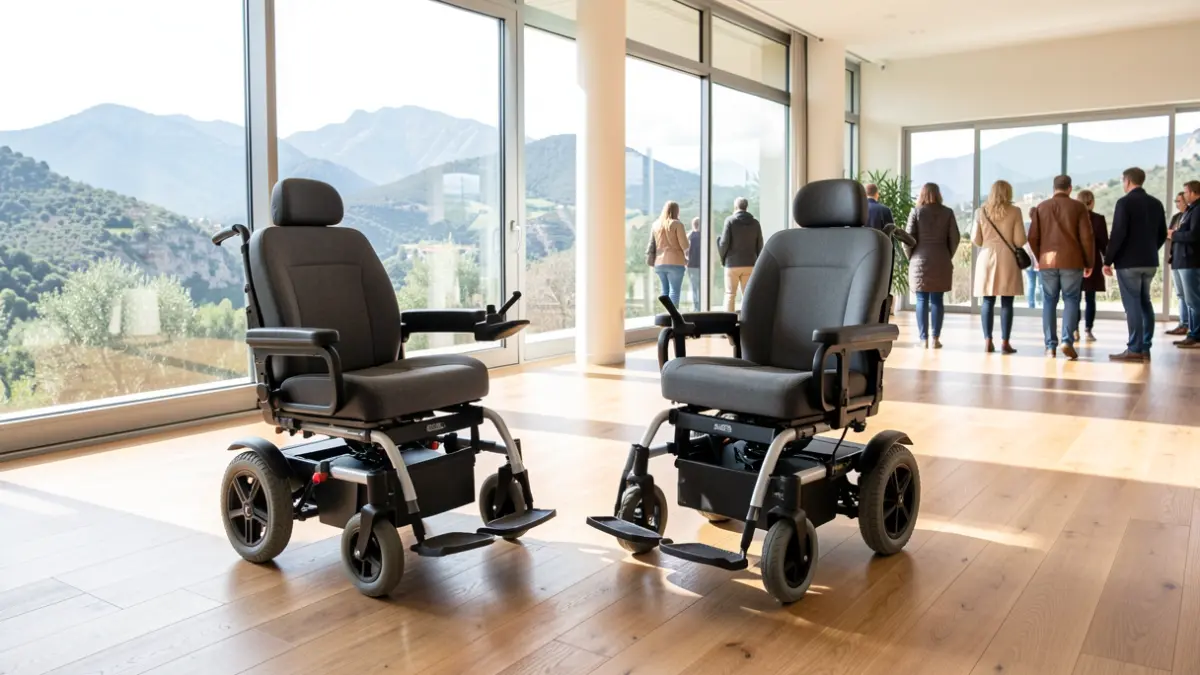 Dos sillas Joëlette eléctricas para personas con movilidad reducida en un entorno interior con vistas a montañas.
