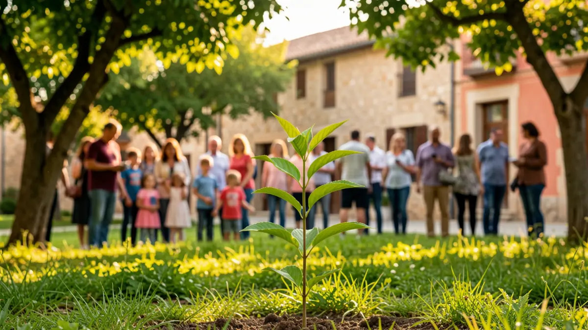 Imatge genèrica d'un bosc amb un arbre nou plantat i famílies a prop.