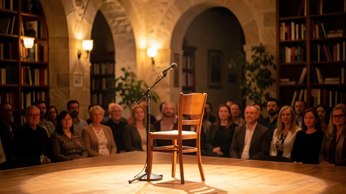 Escena de microteatro con un micrófono y una silla en un entorno cultural.
