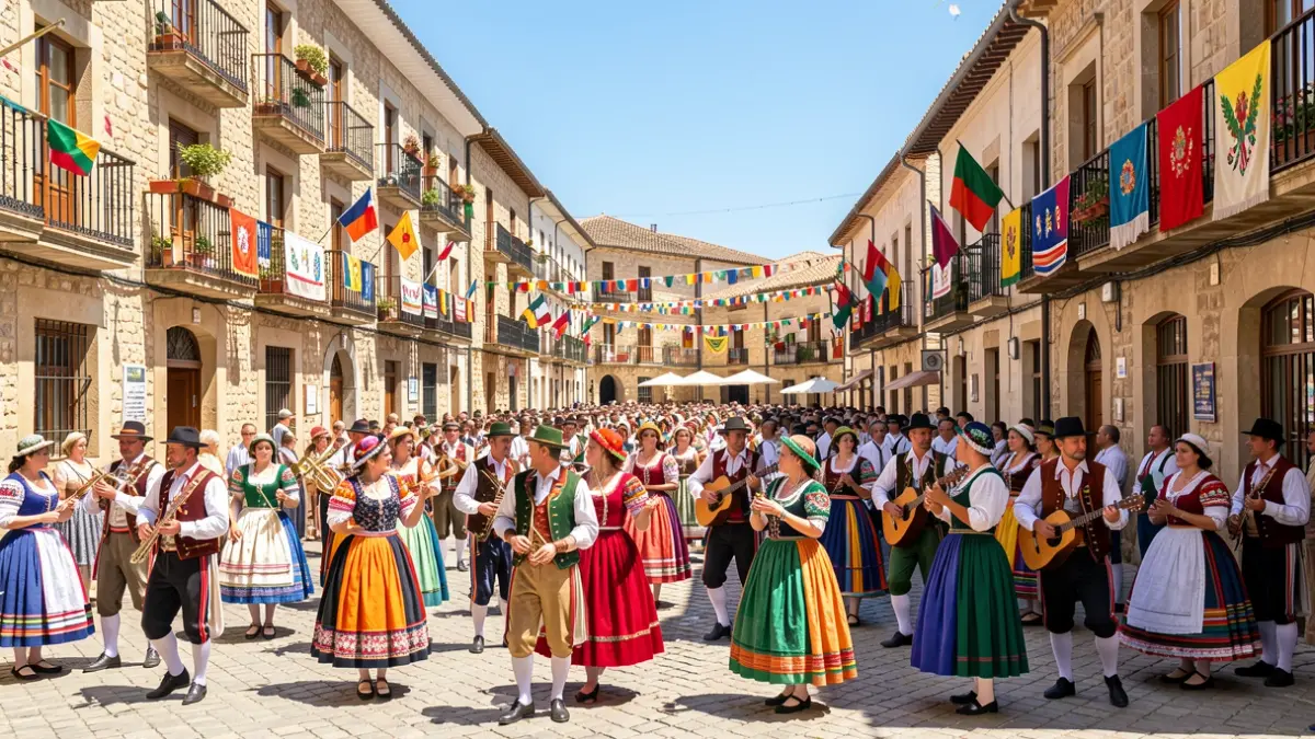 Generic image of international folk groups celebrating a festival in a Catalunya town square.