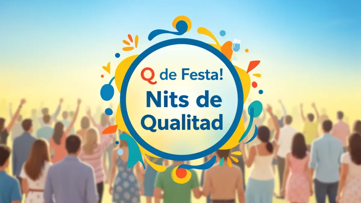 Sello genérico 'Q de Festa! Nits de Qualitat' con elementos festivos y de bienestar.