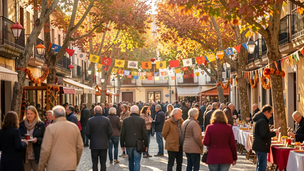Decoracions de tardor i pancartes festives a la plaça d'un poble català amb fulles de colors.