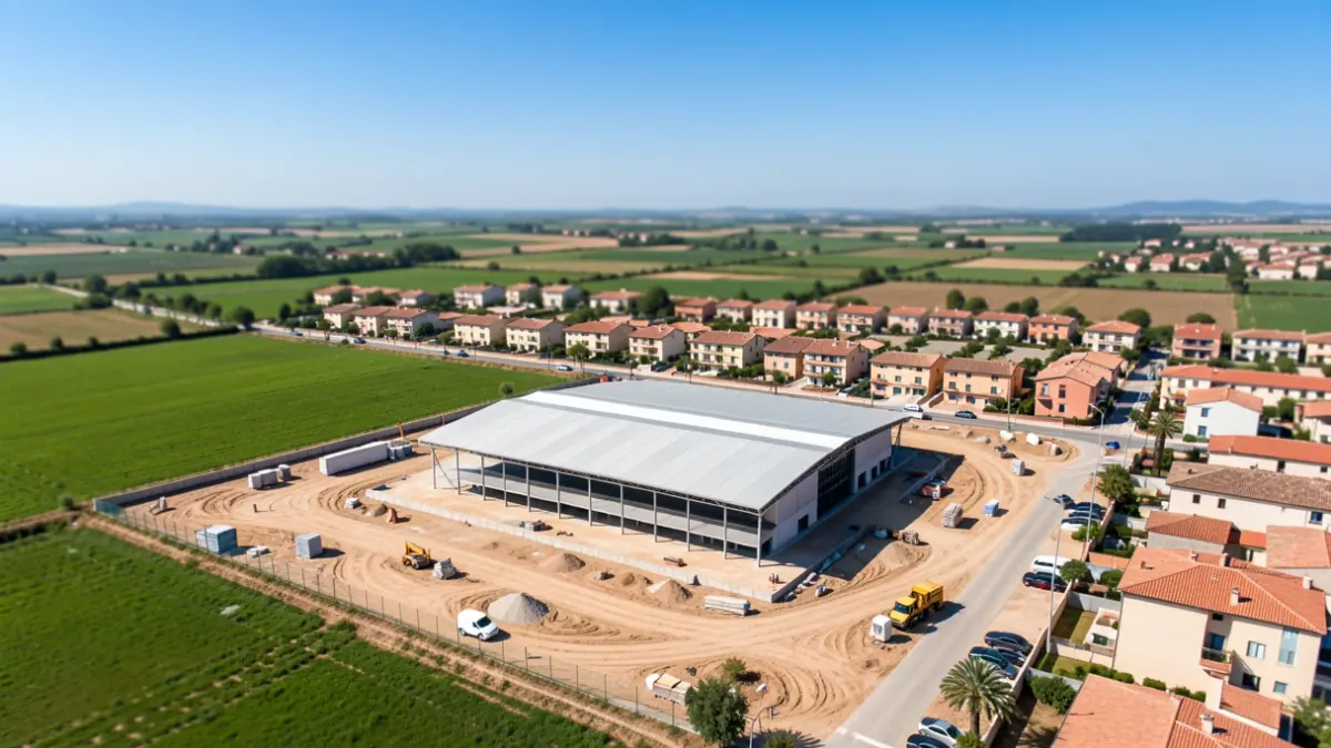 Aerial view of the construction of a new sports pavilion in Cambrils.