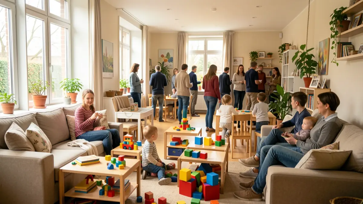 Espacio comunitario para familias con niños jugando en un entorno acogedor.