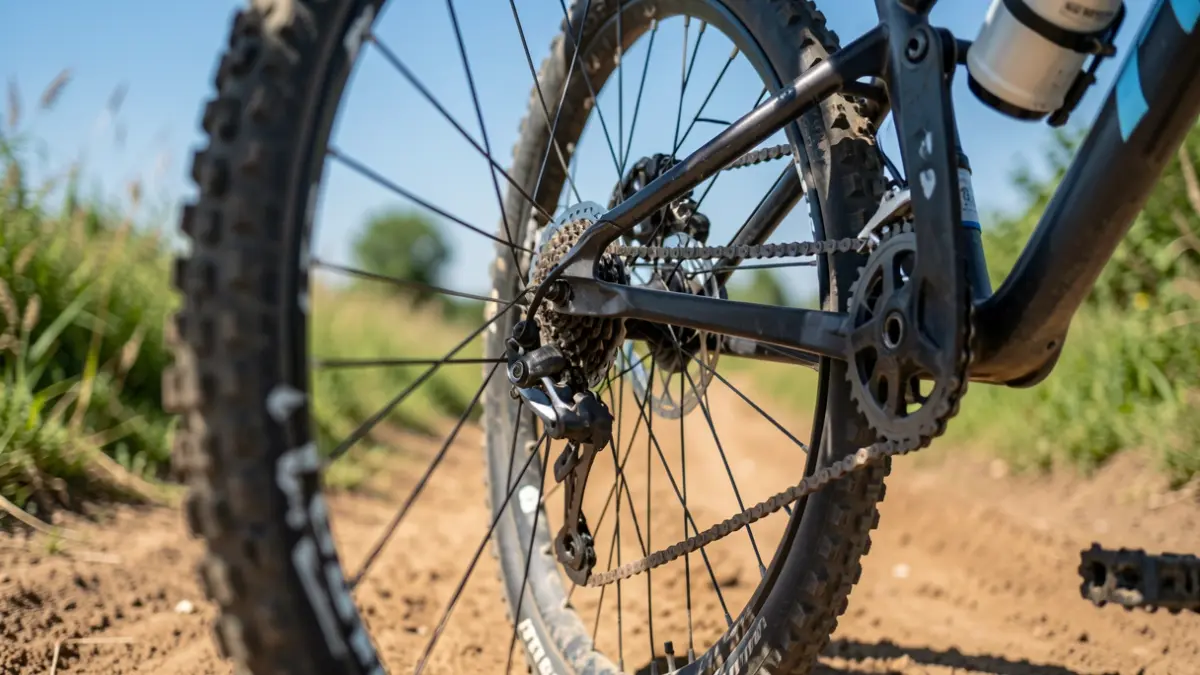 Rueda de bicicleta de trial en primer plano sobre tierra, con vegetación y cielo azul al fondo.