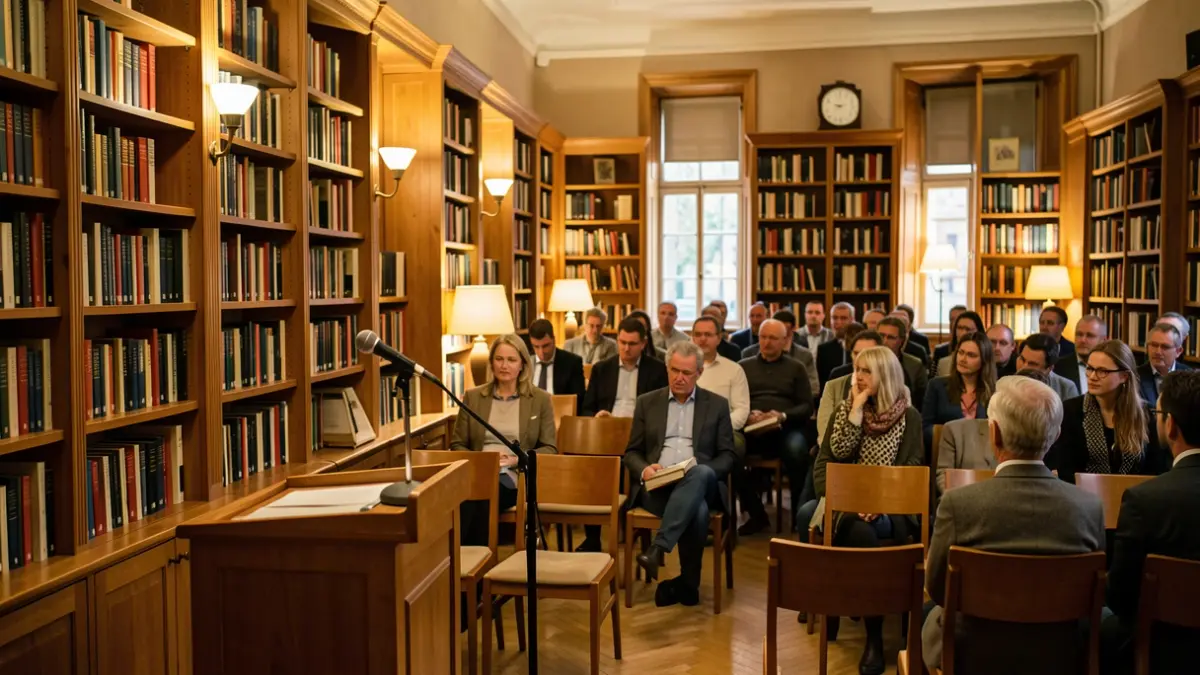 Imatge genèrica d'una sala d'actes o biblioteca preparada per a una conferència.