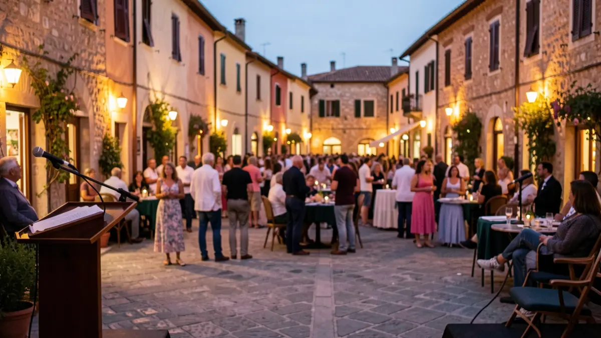 Generic image of a Mediterranean town square with a podium, suggesting a cultural event.