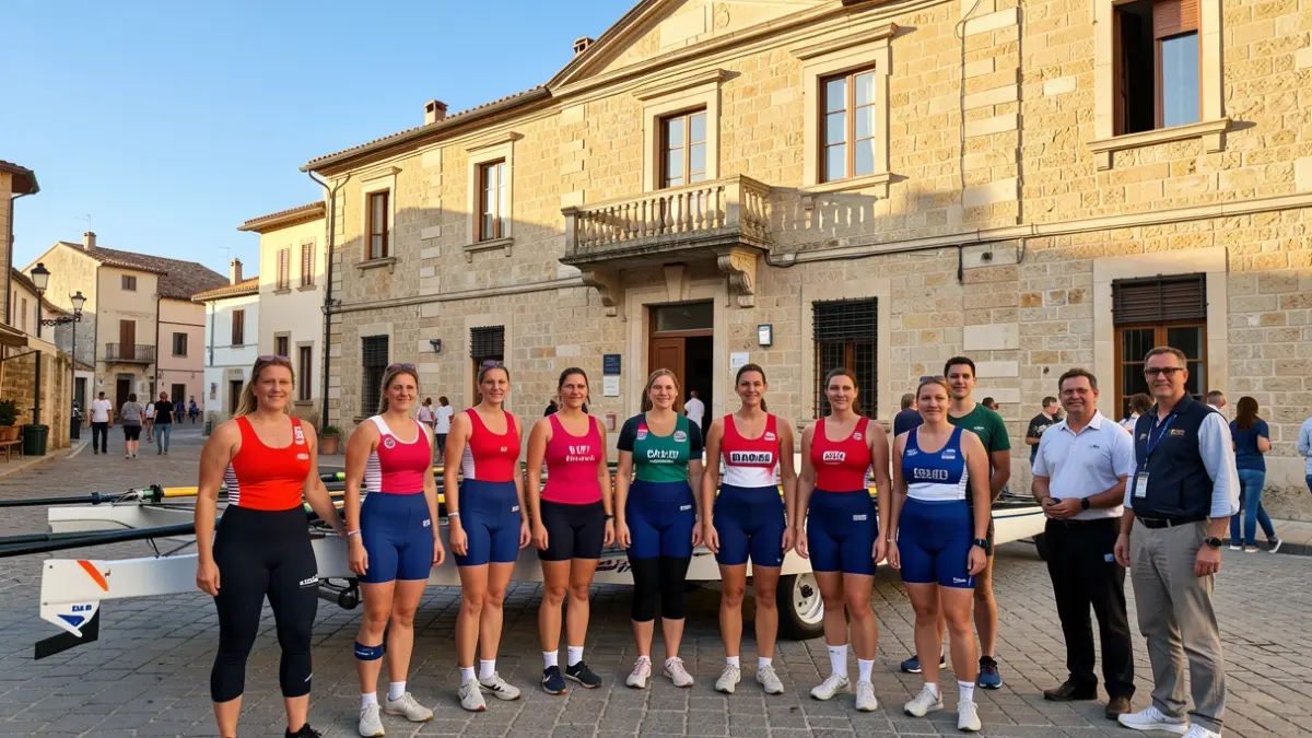 Cambrils women's rowing team in front of the Town Hall.
