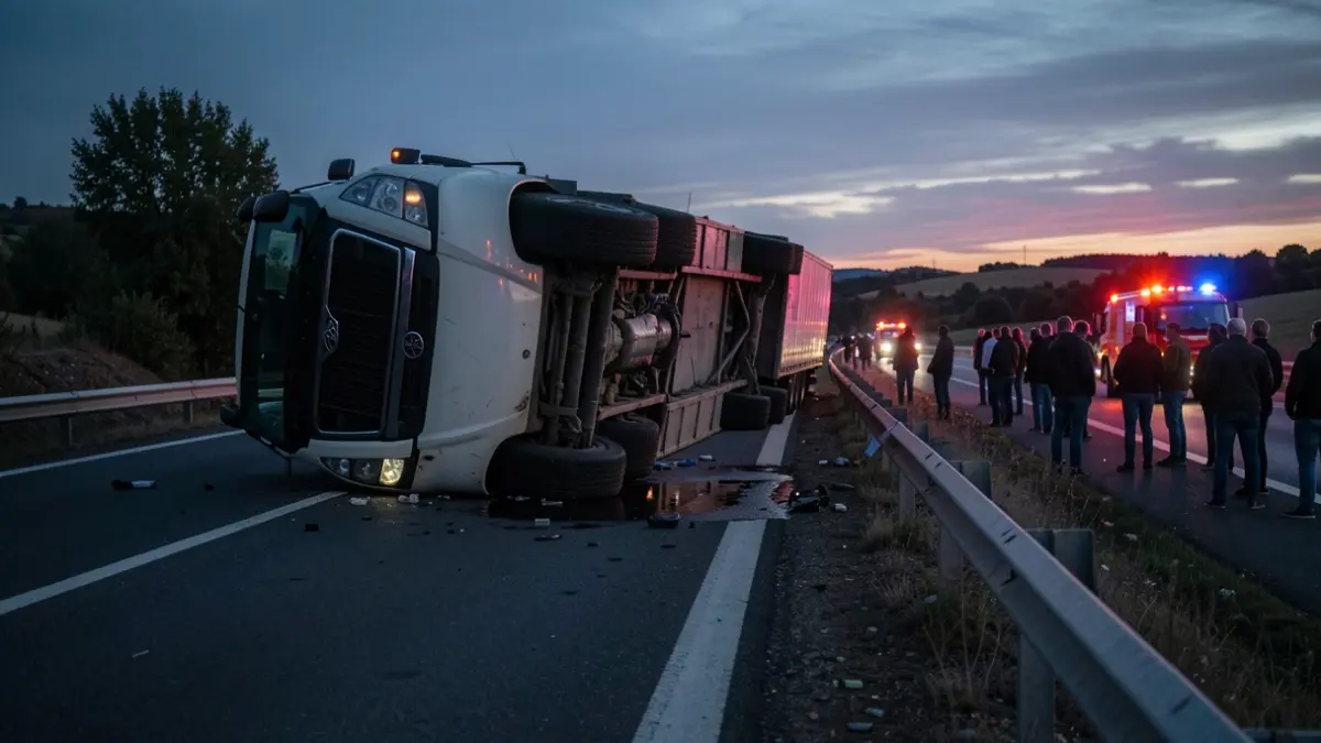 An overturned truck on the AP-7 in L'Ampolla with a fuel leak.