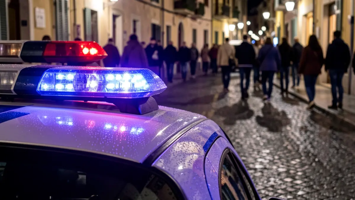 Generic image of police emergency lights reflecting on wet asphalt.