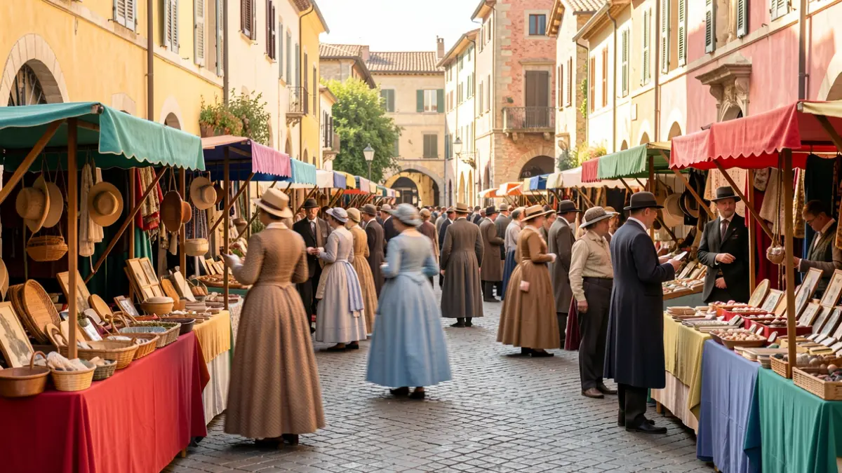 Imagen genérica de una feria modernista con puestos y gente vestida de época.