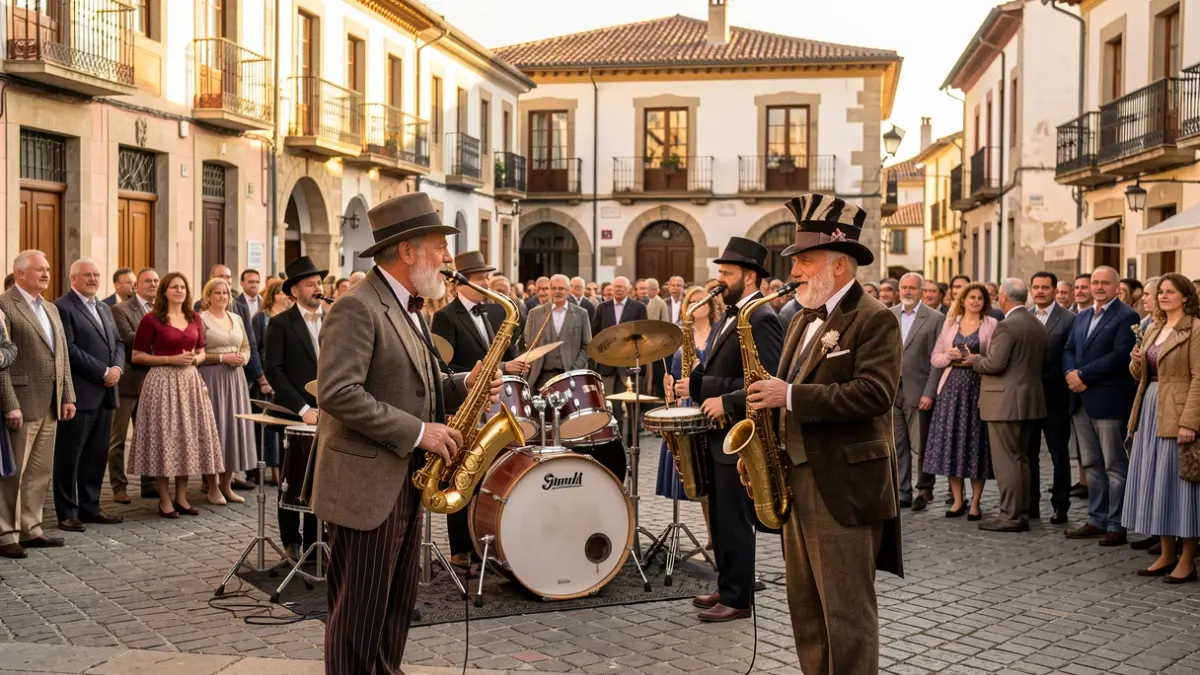 Dixieland band and vintage American characters entertaining a street festival in Canet de Mar.