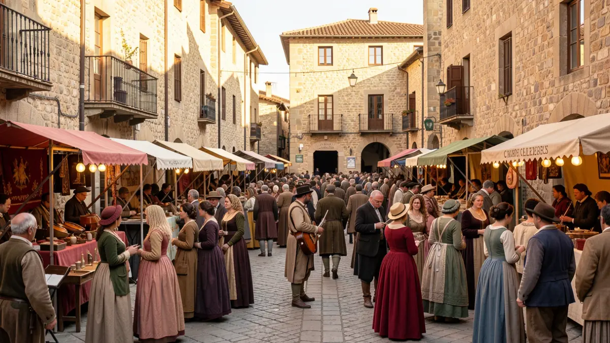 Generic image of a medieval square with stalls and people in historical costumes.