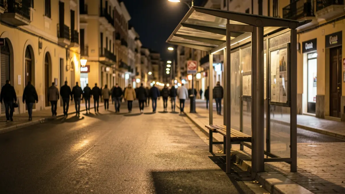 Imagen genérica de una parada de autobús vacía por la noche.