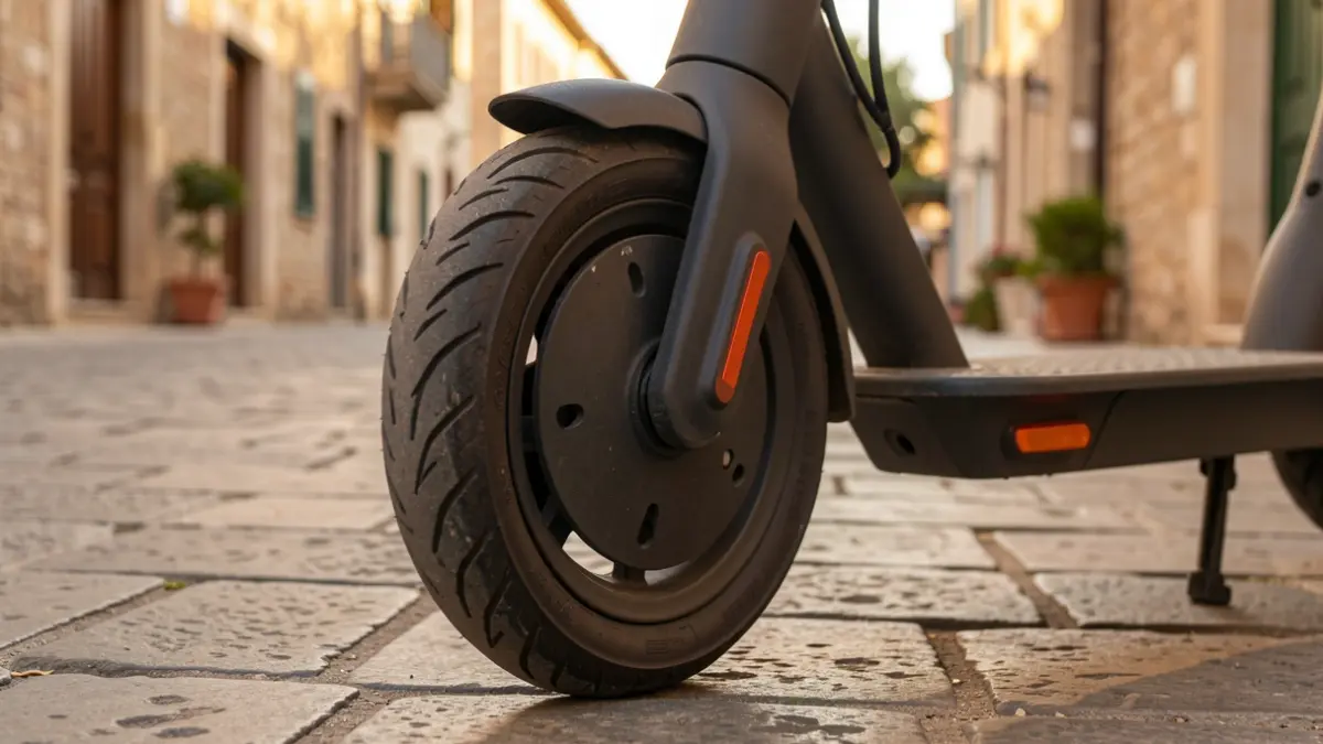 Imagen genérica de un patinete eléctrico aparcado en una calle de piedra.