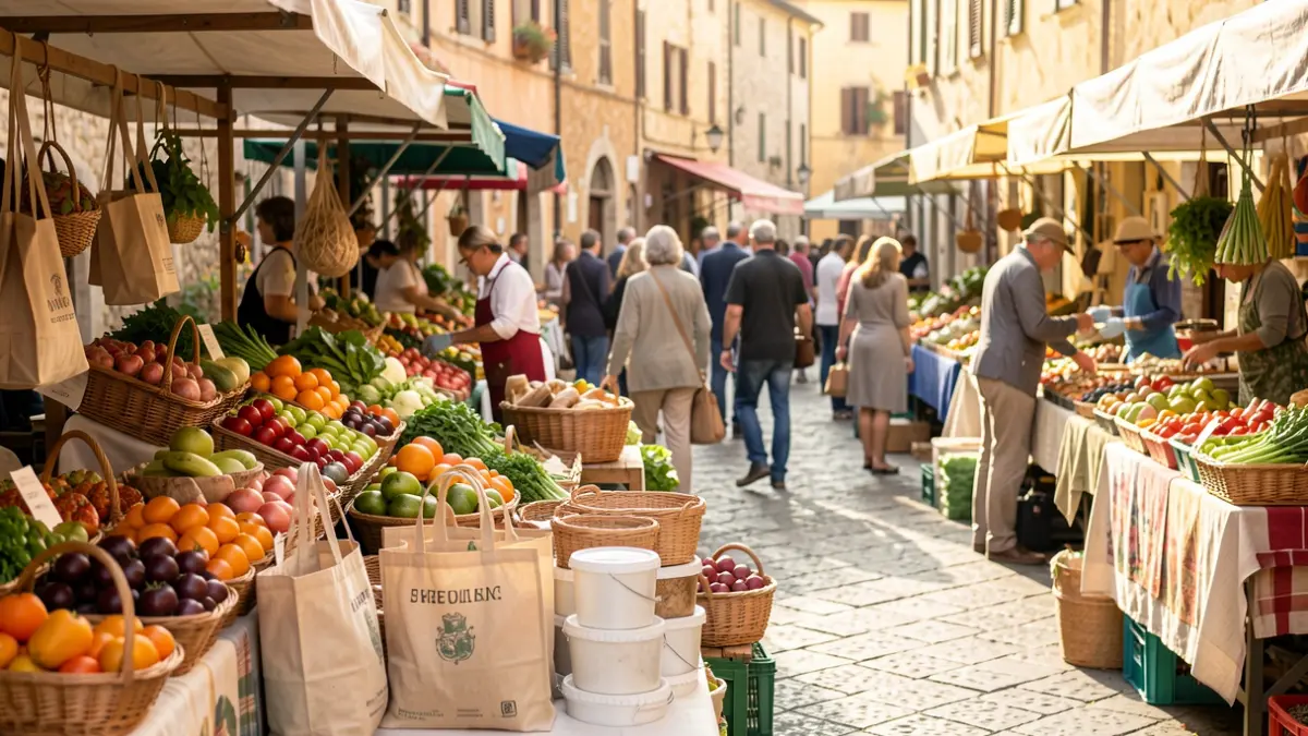 Imatge genèrica d'un mercat setmanal amb paradistes i compradors, destacant elements sostenibles.