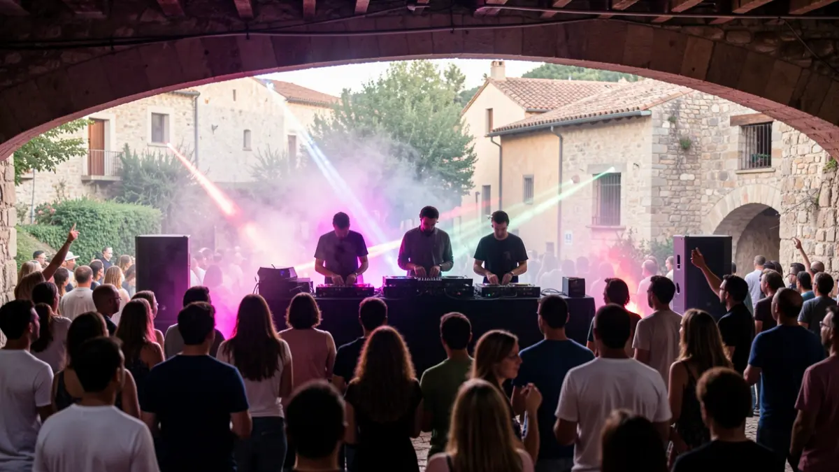 Generic image of an outdoor electronic music event under a bridge in Cassà de la Selva.