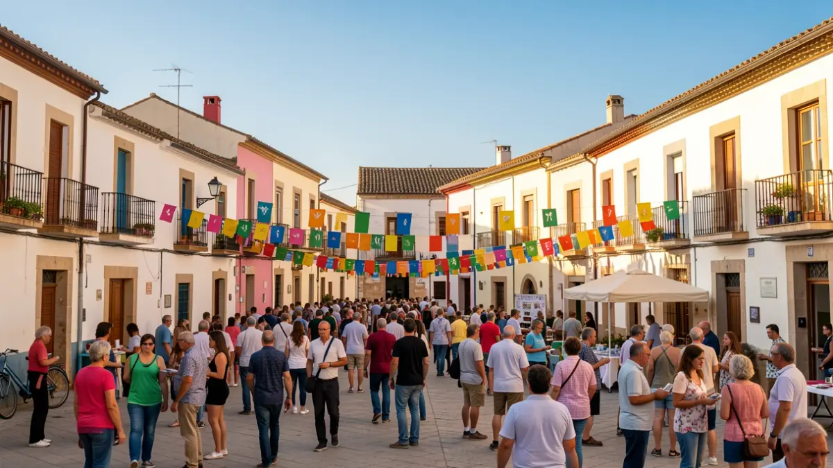 Imagen genérica de una plaza de pueblo catalán con gente participando en un evento comunitario.