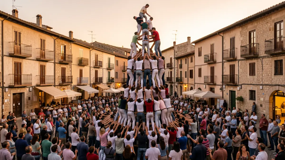 Generic image of human towers (castells) being built in a Catalunya square at dusk.