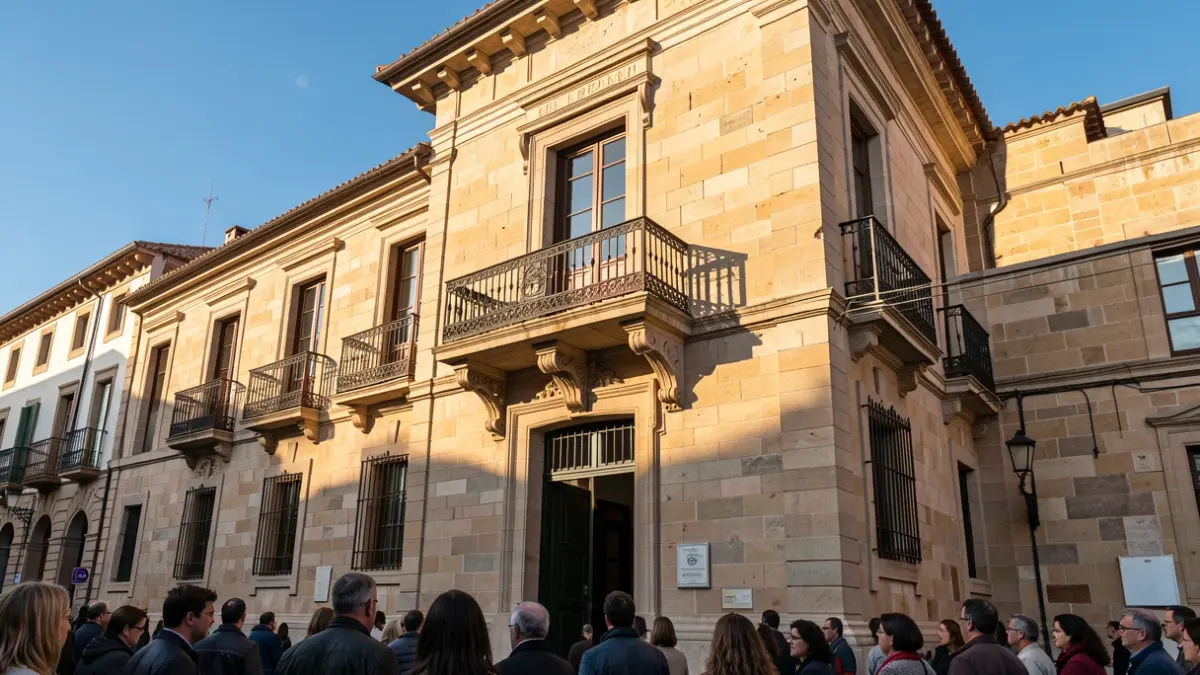 Generic image of a Catalan stone town hall facade with a balcony.