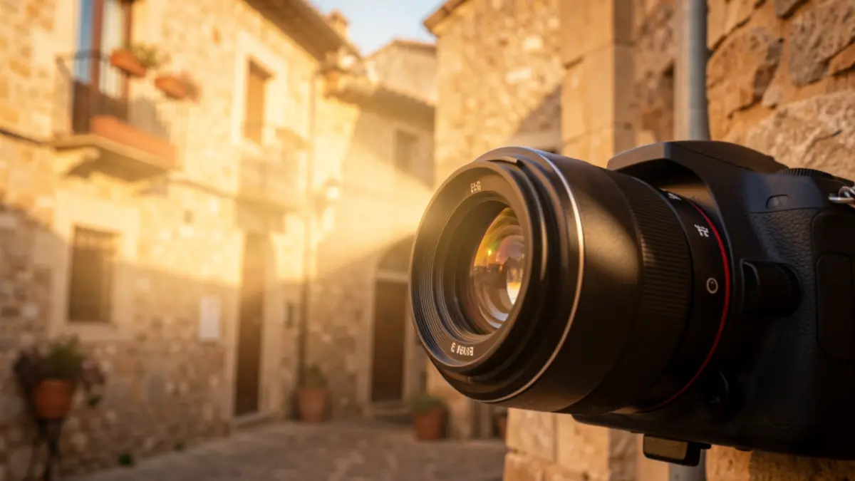 Image of a camera lens capturing a sunbeam illuminating a stone building facade in Castellterçol.