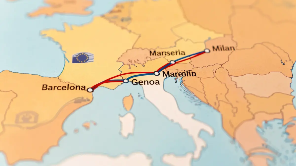 Stylized map of Southern Europe with highlighted railway connections.