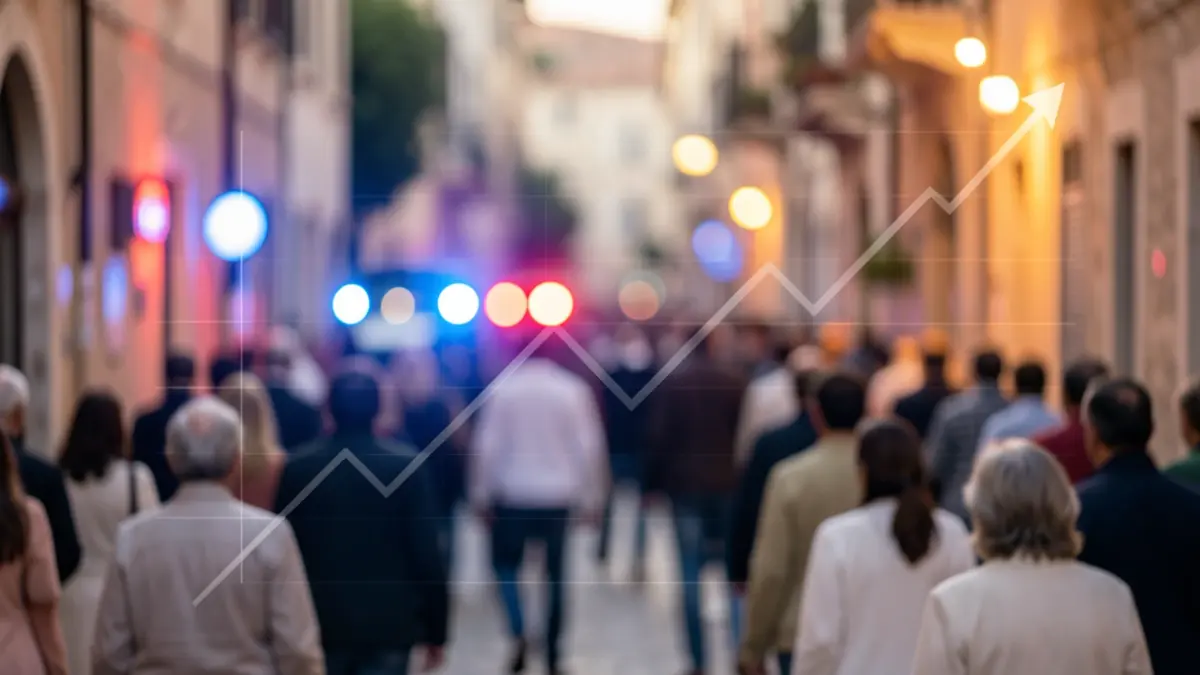 Imagen genérica de luces policiales borrosas con un gráfico descendente.