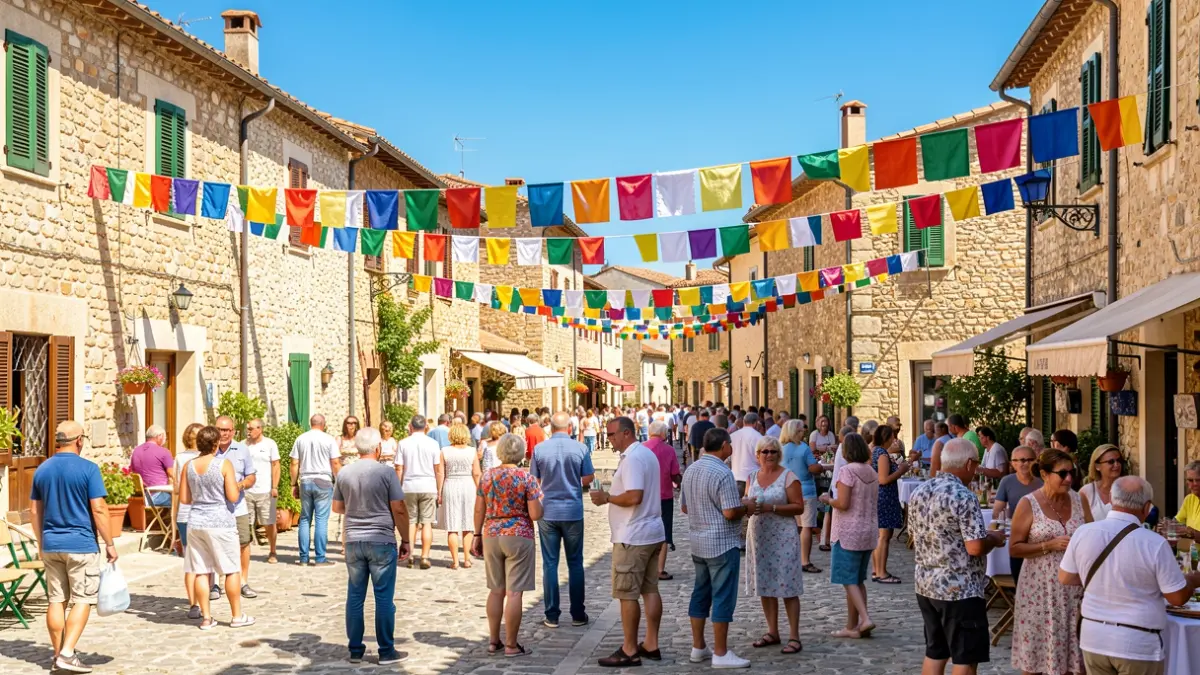 Imatge genèrica d'una plaça de poble mediterrani plena d'activitat i decoracions festives.