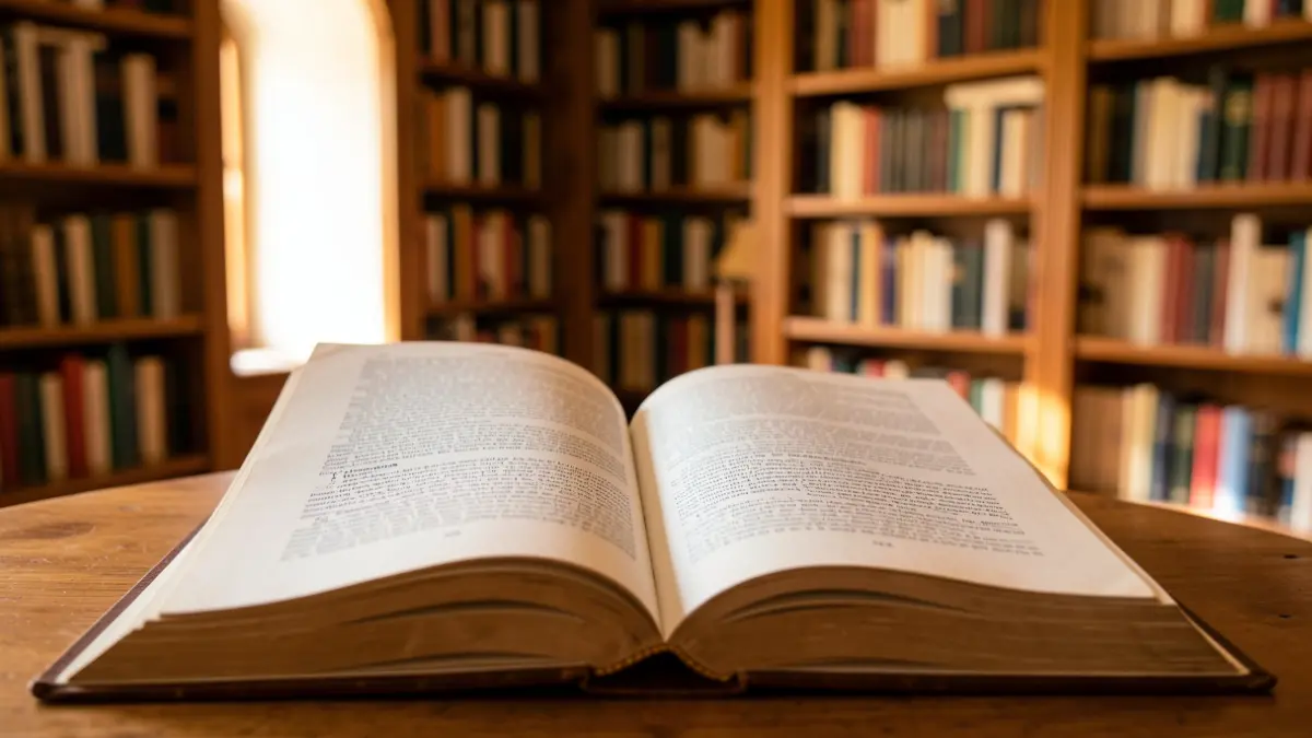 Generic image of an open book in a library.