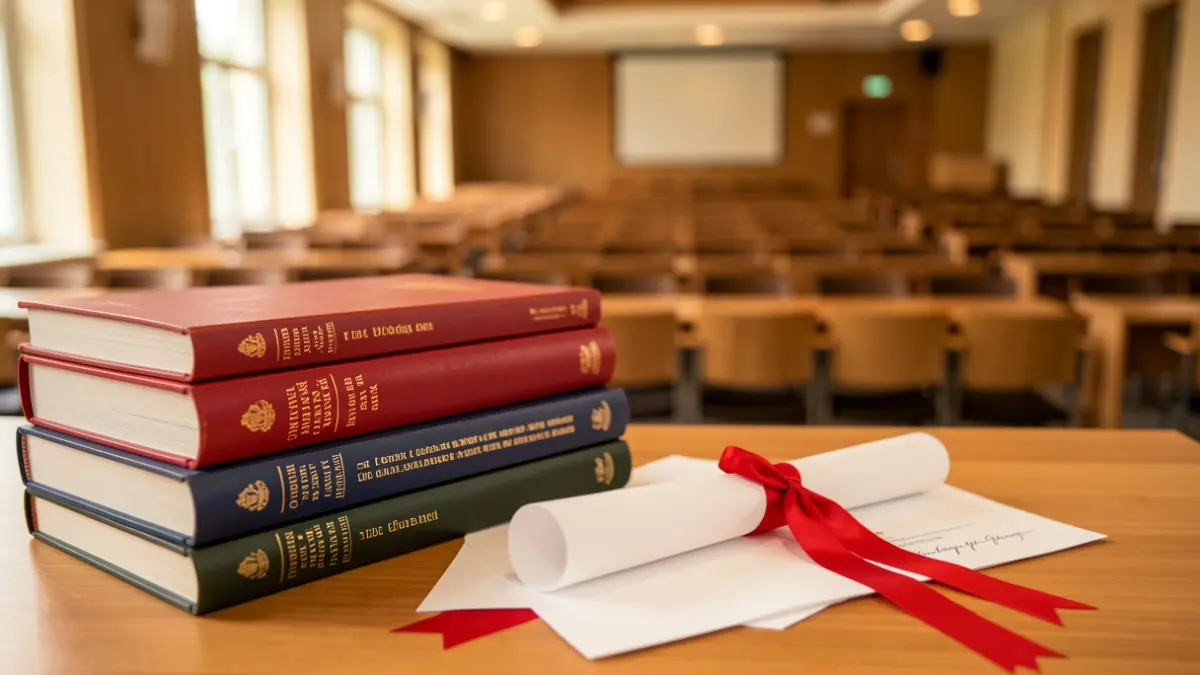 Imatge genèrica de llibres acadèmics i un diploma en un escriptori, amb una sala de conferències buida al fons.