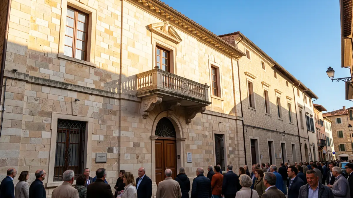 Generic image of a Mediterranean town hall facade with a balcony.
