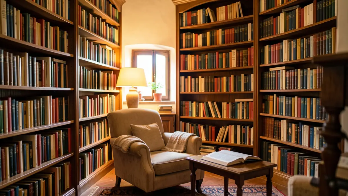 Interior d'una sala de lectura amb prestatgeries plenes de llibres.