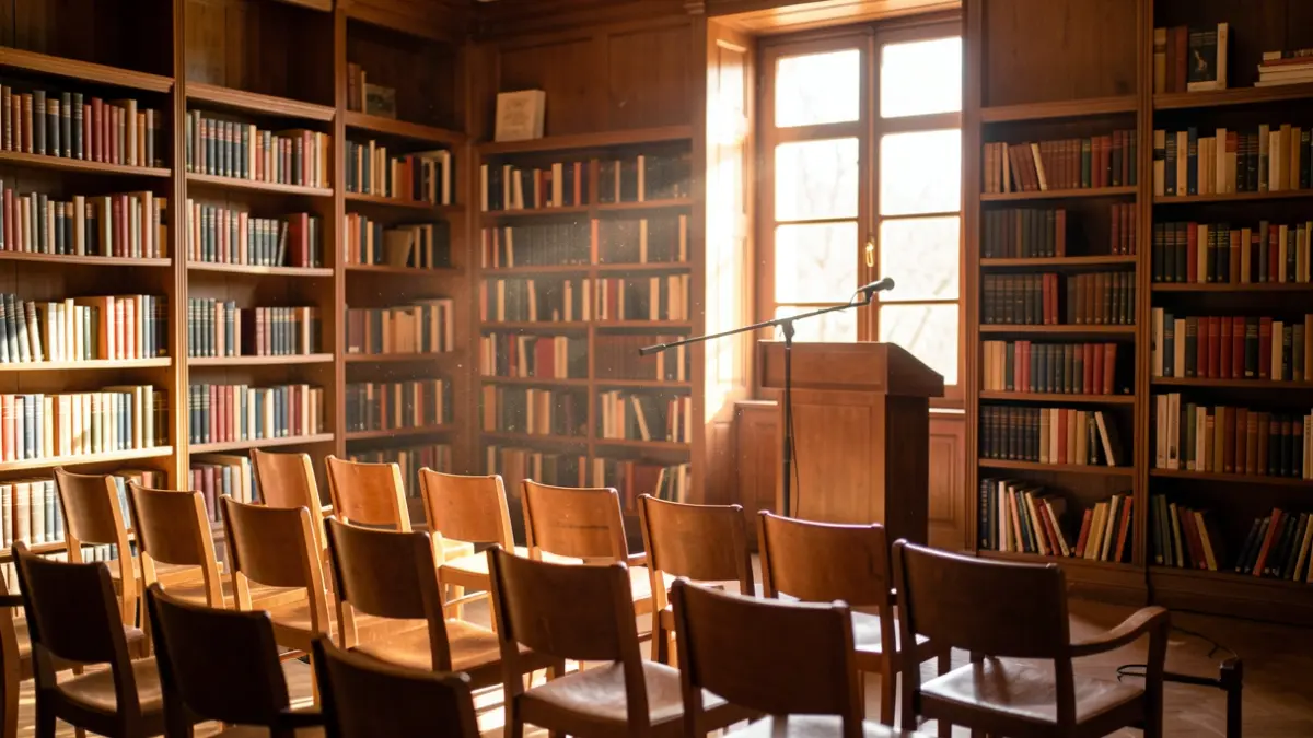 Library event hall with empty chairs and a podium.