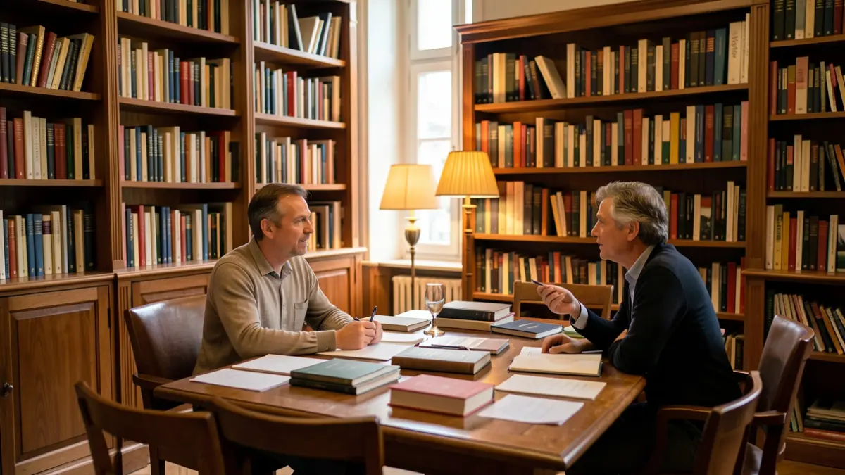 Sala de lectura de biblioteca amb llibres i ambient de discussió.