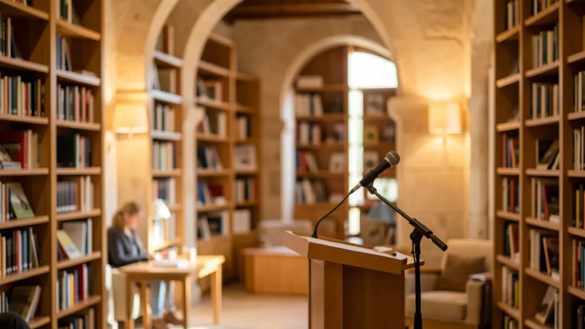 Generic image of a cultural space with books and a podium.