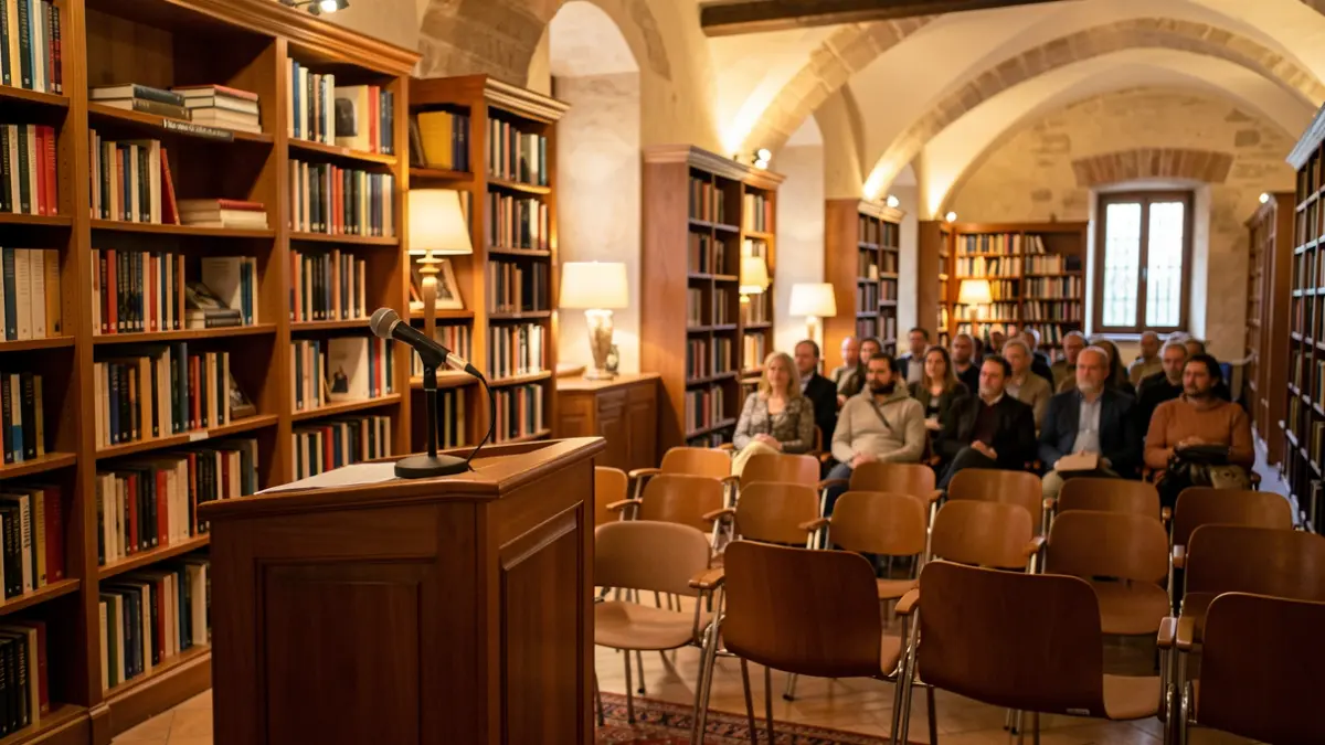 Imatge genèrica d'una biblioteca amb llibres i un micròfon.