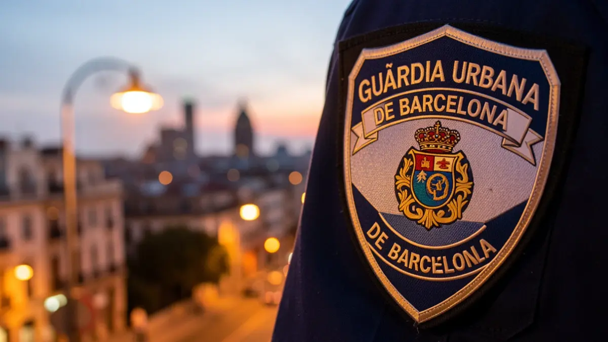 Emblem of the Guàrdia Urbana de Barcelona with the city skyline at dusk.