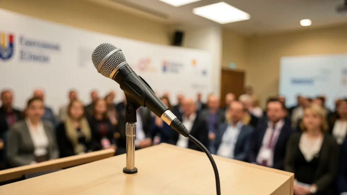 Generic image of a microphone in a press room.