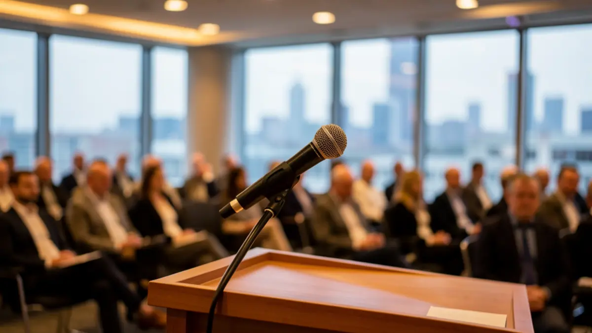 Generic image of a microphone on a podium during a conference.