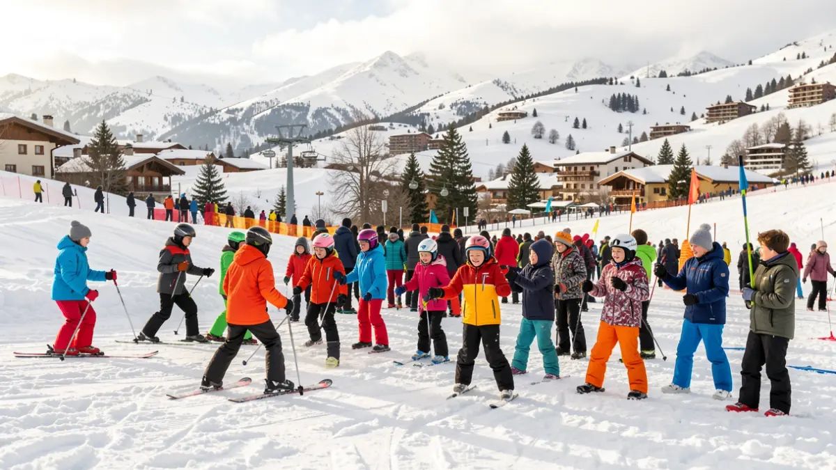 Nens i joves gaudint d'activitats d'hivern a la neu.