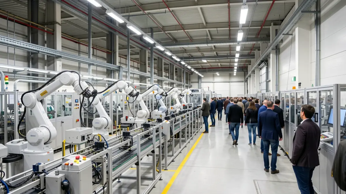 Interior de una fábrica con robots y maquinaria automatizada.