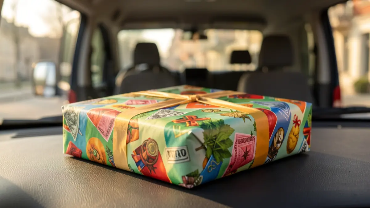 Marijuana package wrapped as a gift inside a van.