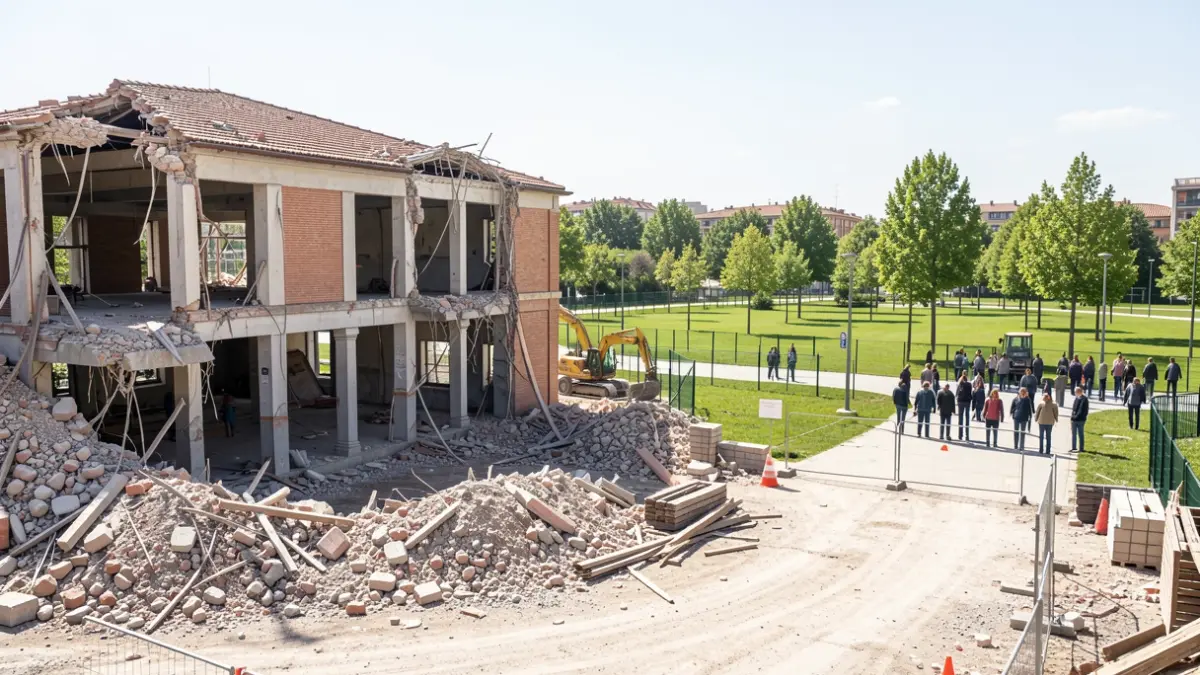 Imatge de les obres d'enderroc i construcció del nou mercat i parc a Sabadell.