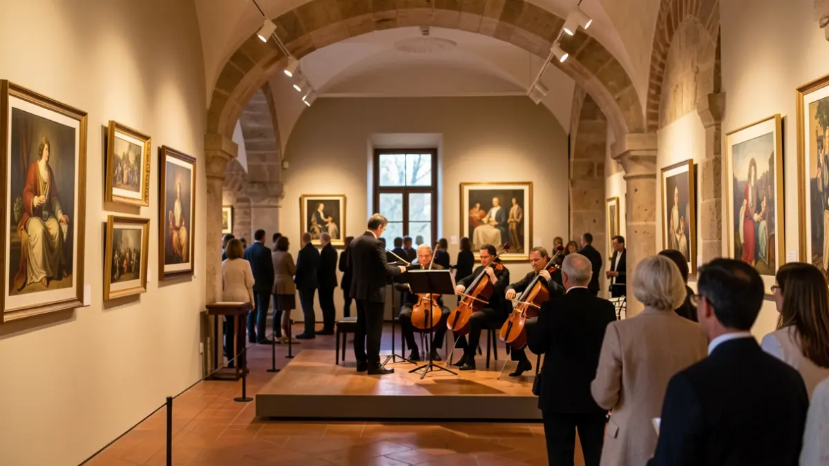 Interior de un museo con un cuarteto de cuerda tocando música clásica.