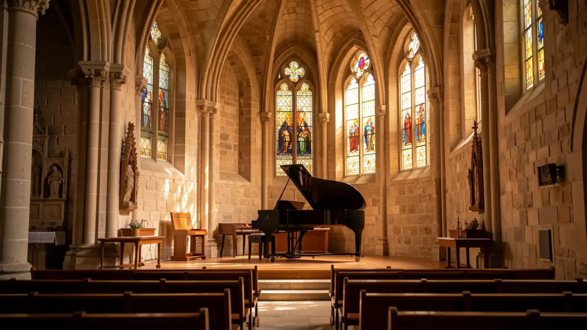 Interior d'una església històrica a Catalunya amb un piano a l'escenari.