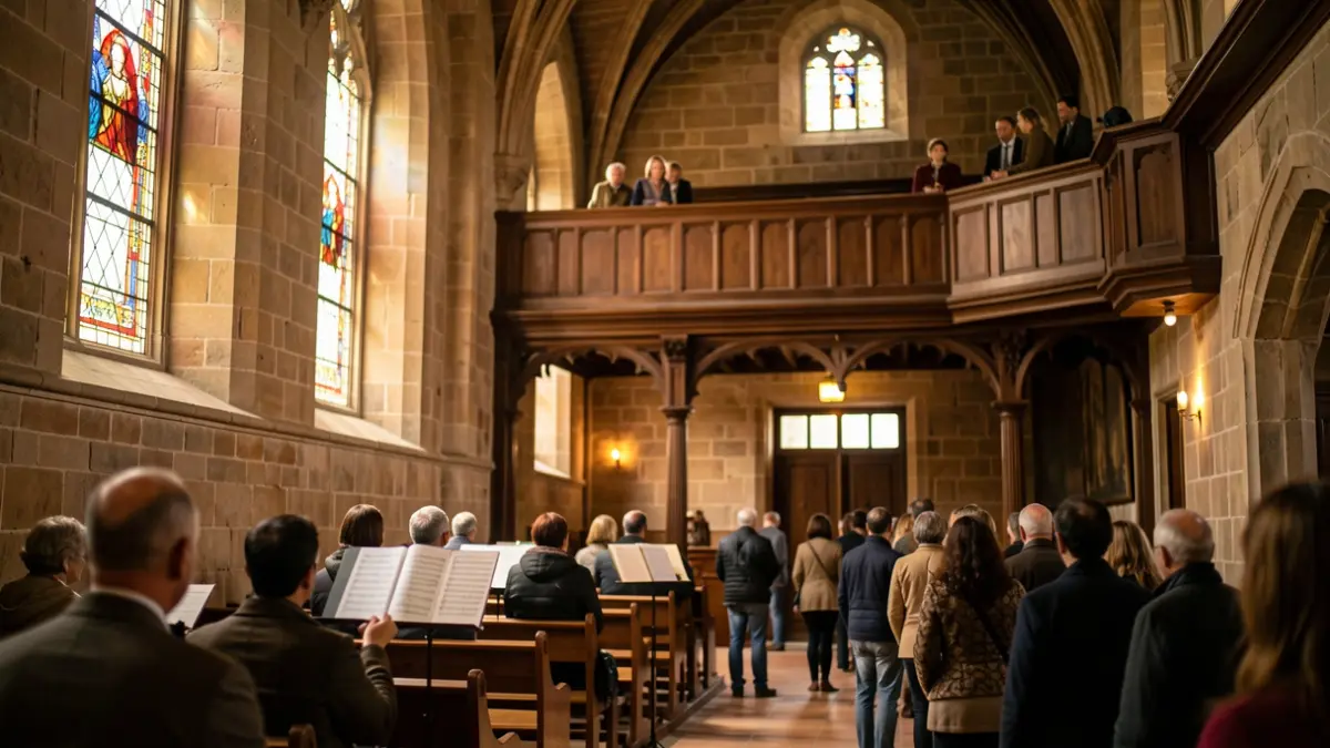 Interior d'una església històrica a Catalunya amb llum càlida i un cor buit.