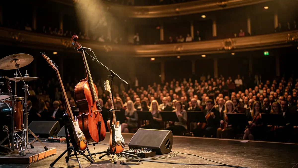 Generic image of a concert stage with musical instruments.