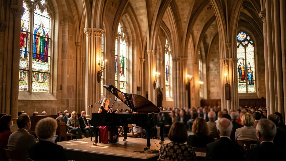 Interior d'una església gòtica amb un concert de música clàssica.