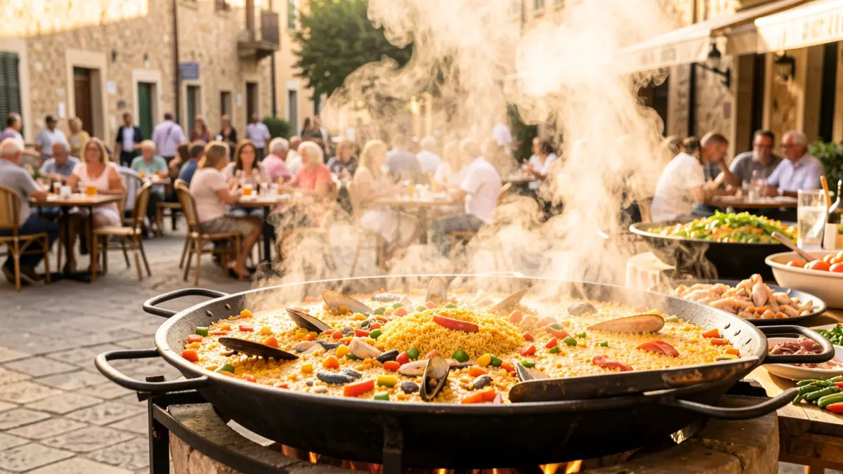 Imagen de un concurso de paellas al aire libre con ingredientes y participantes disfrutando del ambiente.
