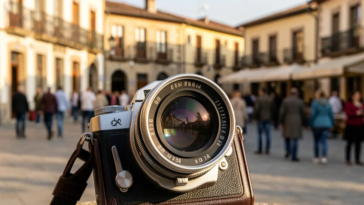 Close-up of a vintage camera lens with a blurred background of a picturesque Catalan town square.